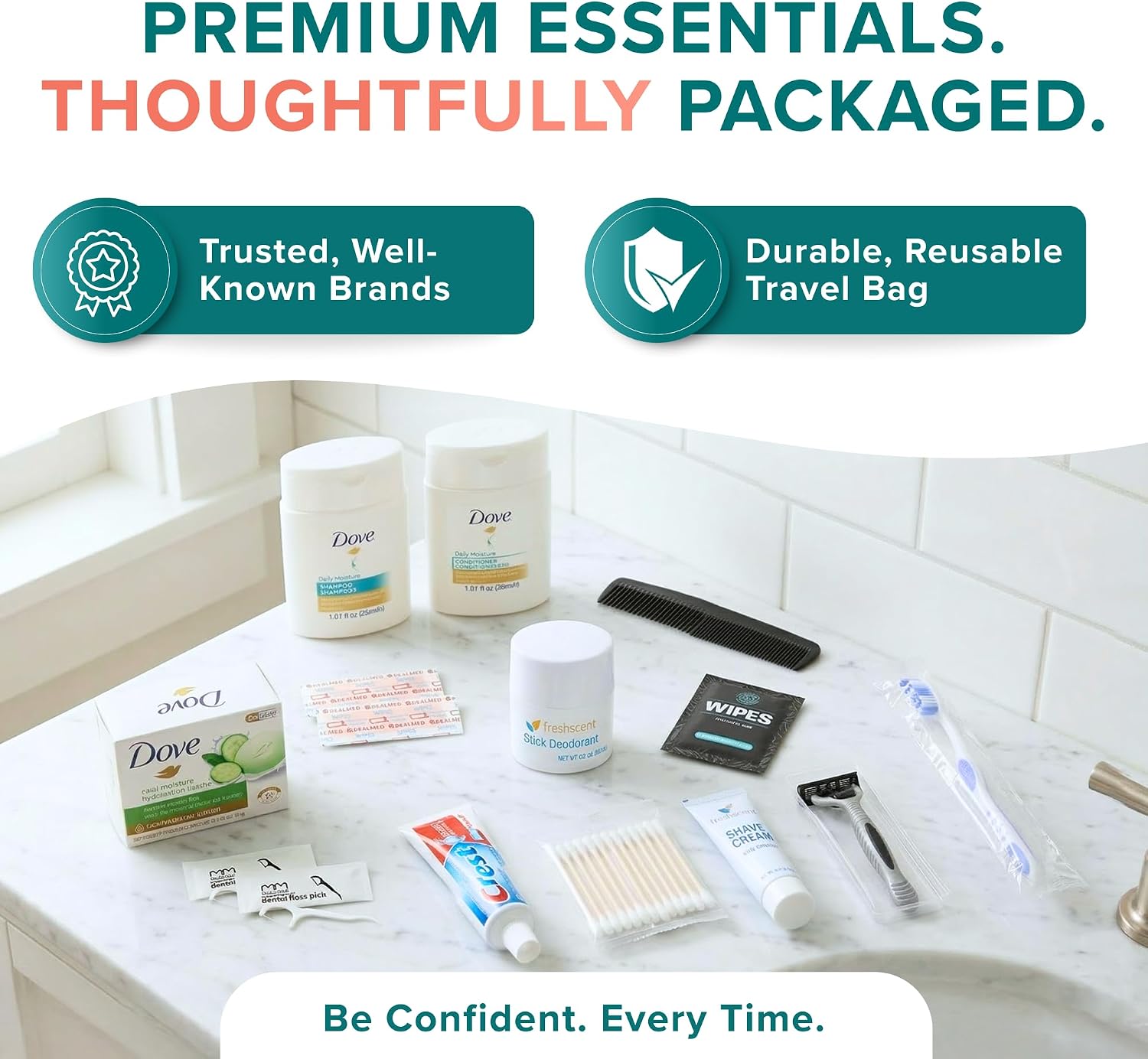 Complete 15 Piece Unisex Travel Hygiene Kit with Toiletries & Personal Care Essentials, TSA-Compliant, Individually Packaged in Clear Bag, Single or Bulk Packs (25 Pack)