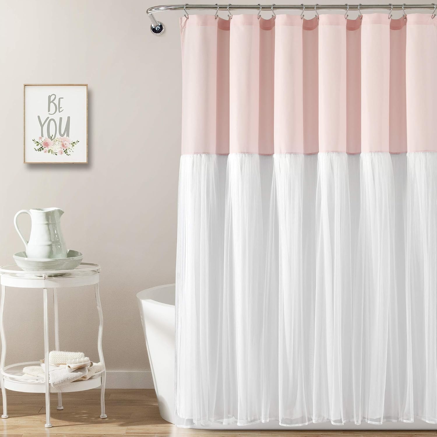 Lush Decor Tulle Skirt Colorblock Shower Curtain Single 72' W x 72' L Blush & White - Fabric Shower Curtains for Bathroom - Cute Bathroom Curtain (Pack of 6)