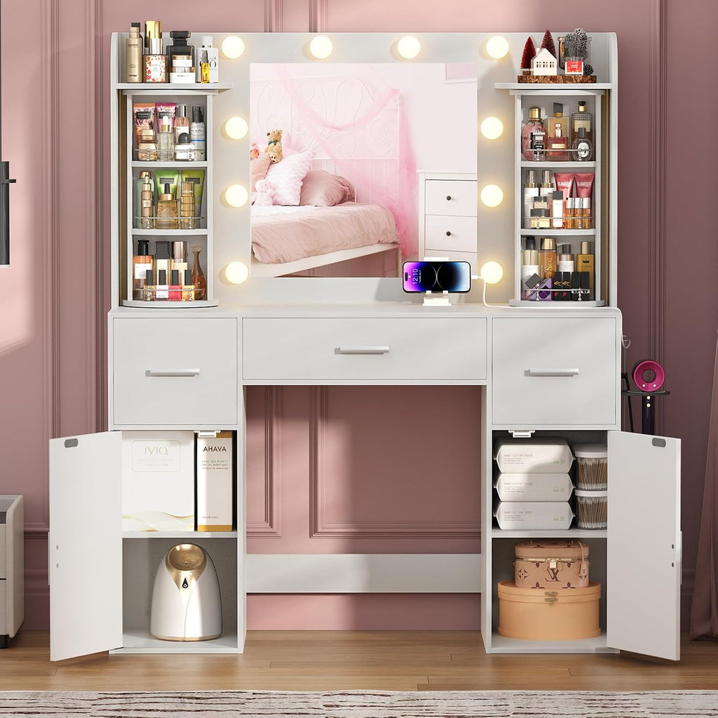 EasyCom Vanity Desk with Rotating Jewelry Organizers, Makeup Vanity with Mirror and Lights, Dressing Table with USB-C Charging Station, 3 Drawers and 2 Cabinets for Bedroom, Dressing Room, White