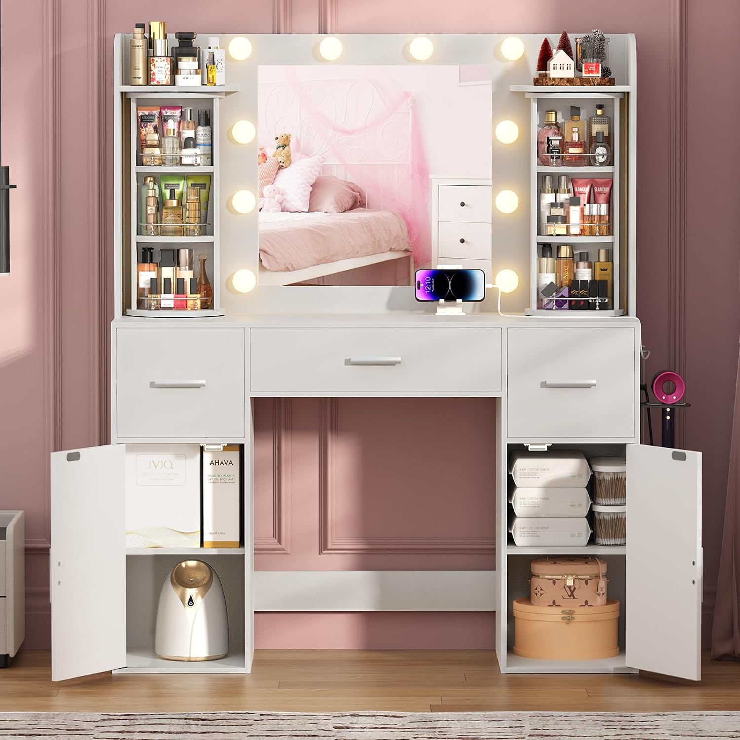 EasyCom Vanity Desk with Rotating Jewelry Organizers, Makeup Vanity with Mirror and Lights, Dressing Table with USB-C Charging Station, 3 Drawers and 2 Cabinets for Bedroom, Dressing Room, White