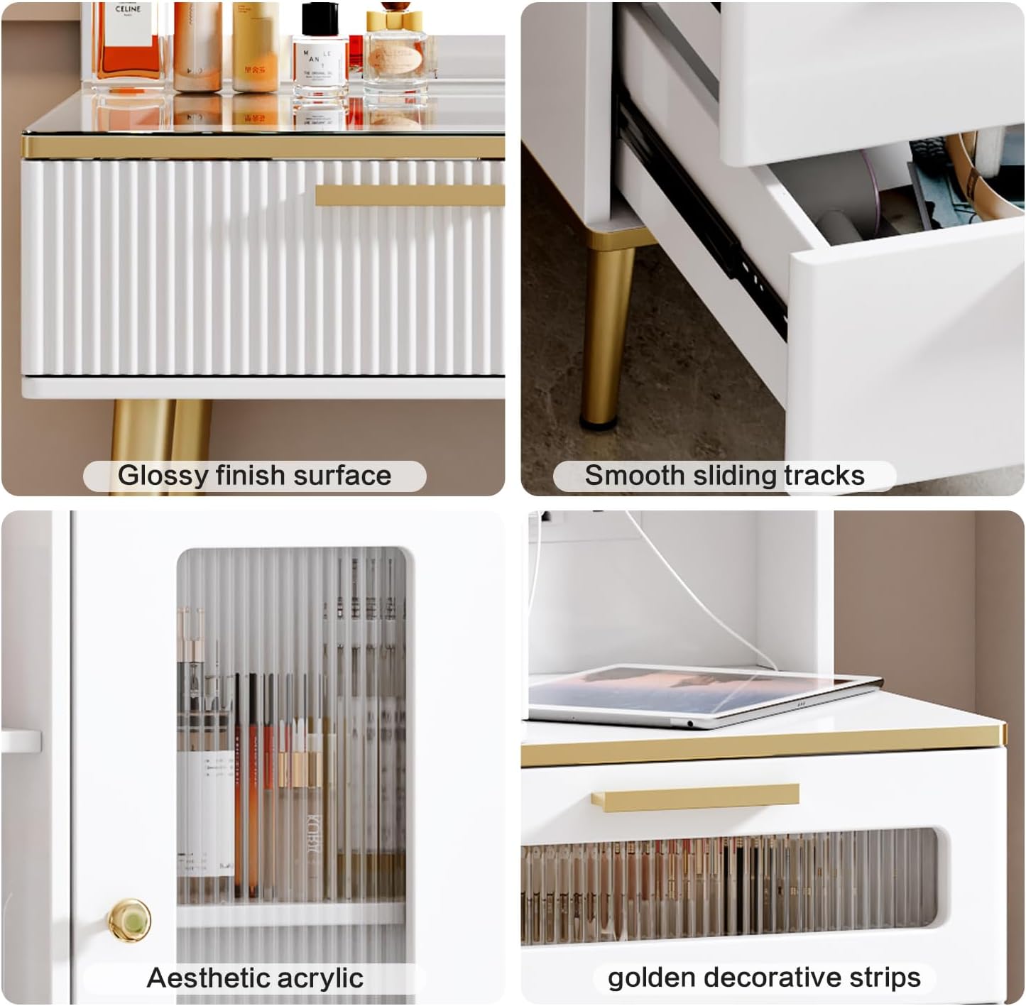 Arulvmrn Vanity Desk with 29.53' HD Lighted Mirror, 47.24' Big Modern Vanity Desk with Mirror and Lights, Makeup Vanity with 5 Drawers and Storage Shelves and Charging Station, White