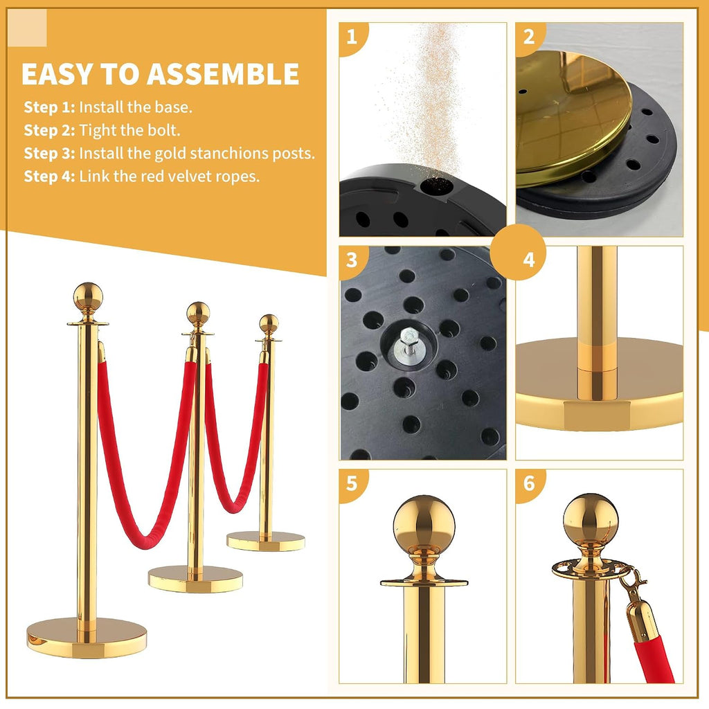 12Pcs Stanchions and Velvet Ropes with 15ft Red Carpet,Complete Crowd Control Barriers Set with 10 Red Velvet Ropes & Stainless Steel Posts for Party, Wedding, Event Supplies,Gold