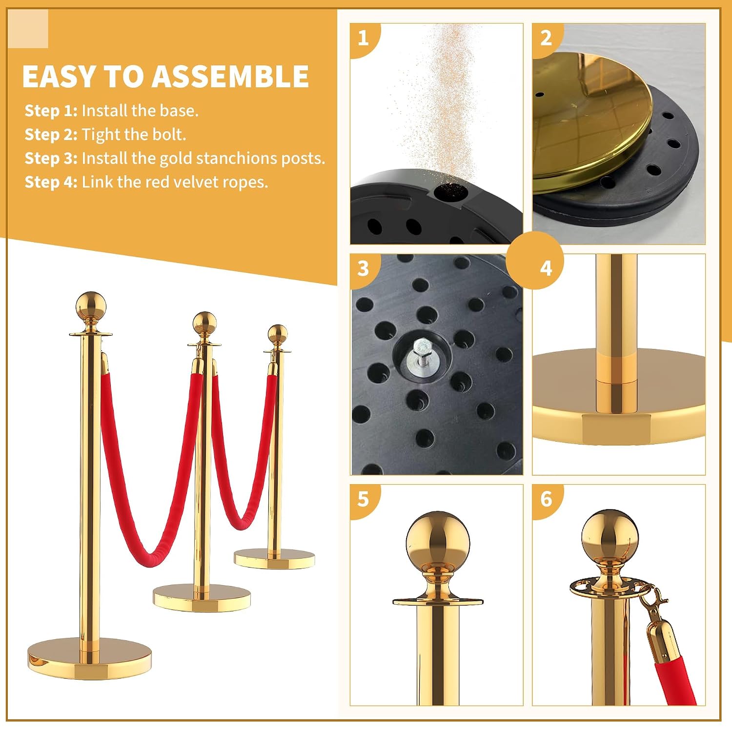 12Pcs Stanchions and Velvet Ropes with 15ft Red Carpet,Complete Crowd Control Barriers Set with 10 Red Velvet Ropes & Stainless Steel Posts for Party, Wedding, Event Supplies,Gold