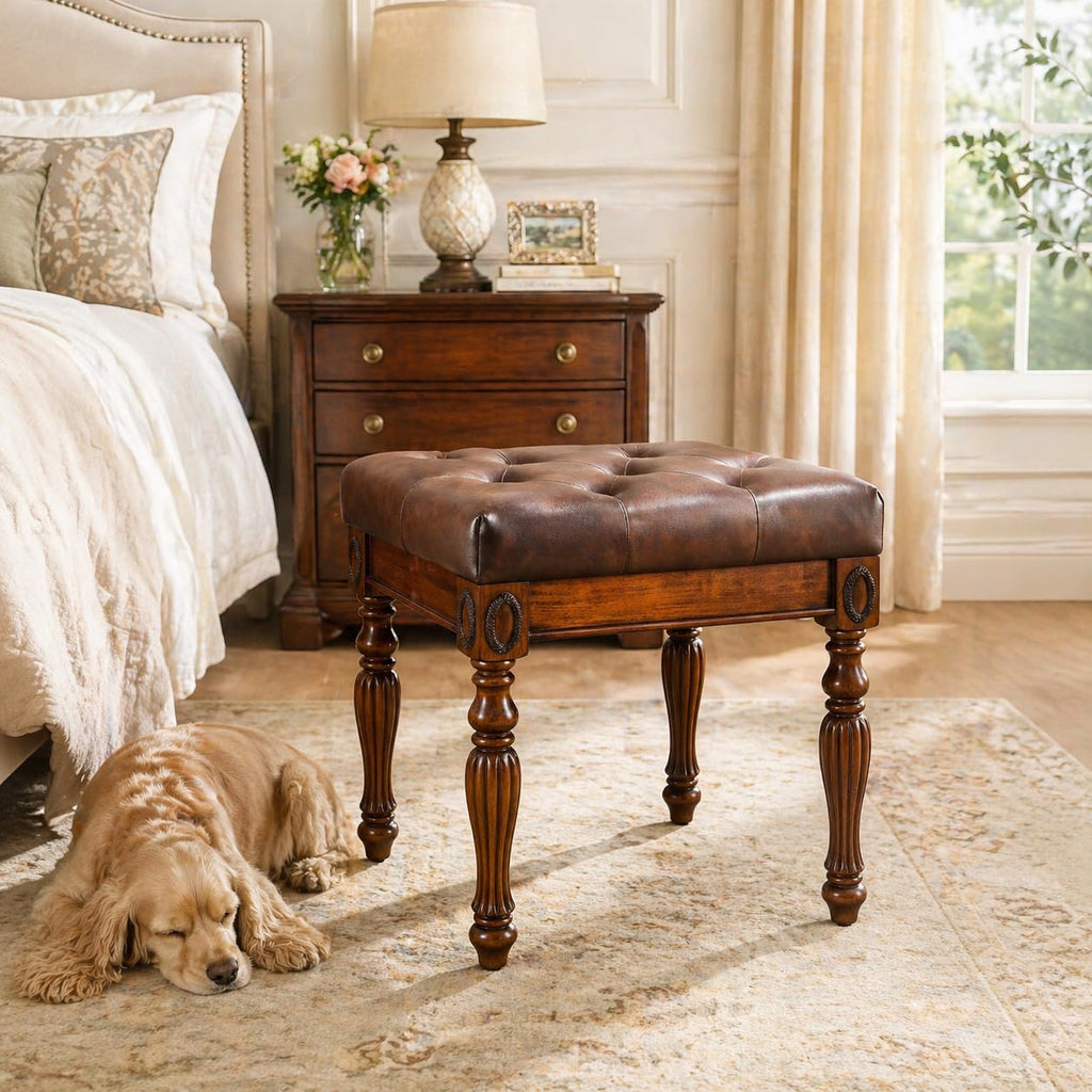 Vanity Stool Bench for Makeup Room, Upholstered Piano Bench with Faux Leather, Shoe Bench with Carved Wood Leg, 18.5' x 14.2' x 19.1' Bed End Benchs, Tool-free Assembly, Walnut &Cherry Brown FD1533BN