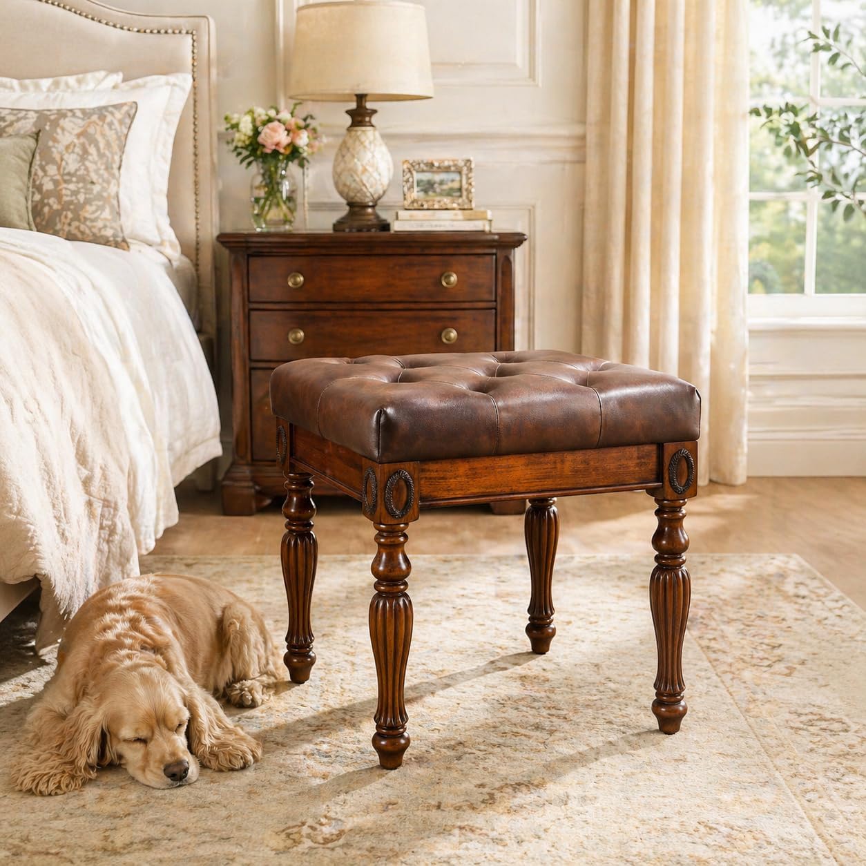 Vanity Stool Bench for Makeup Room, Upholstered Piano Bench with Faux Leather, Shoe Bench with Carved Wood Leg, 18.5' x 14.2' x 19.1' Bed End Benchs, Tool-free Assembly, Walnut &Cherry Brown FD1533BN