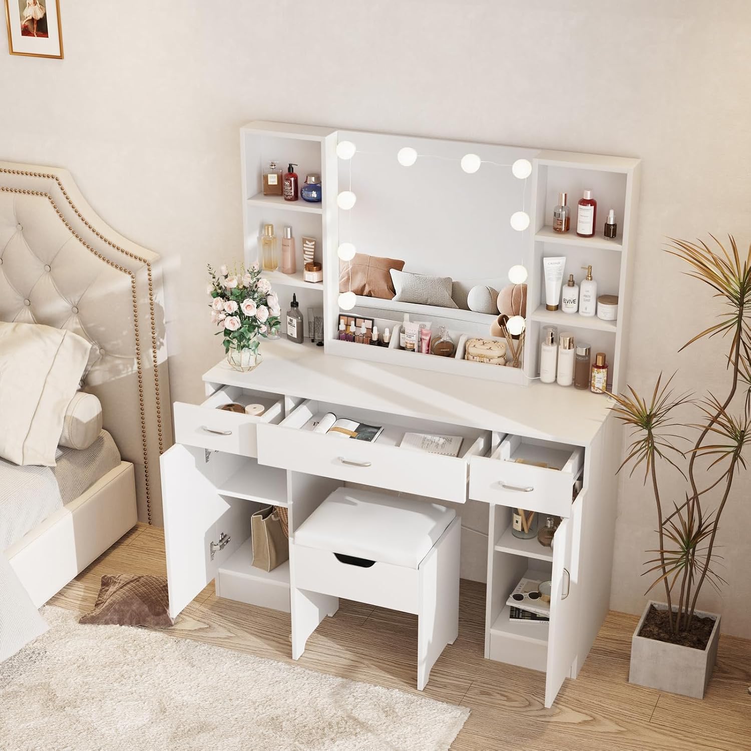 Vabches Vanity Desk with Lighted Mirror, Large Makeup Vanity Table Set with Storage Bench & Cabinets, 3 Brightness Mode, 45.2inch (W), White