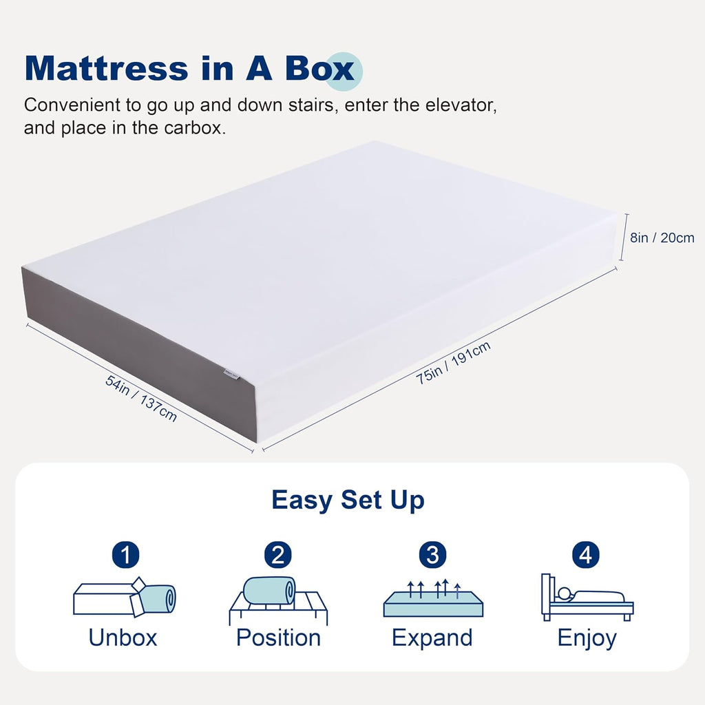 Amazon Basics Plush Memory Foam Mattress, Breathable, 8 Inch, Full, White/Grey, 75 x 54 x 8 inches