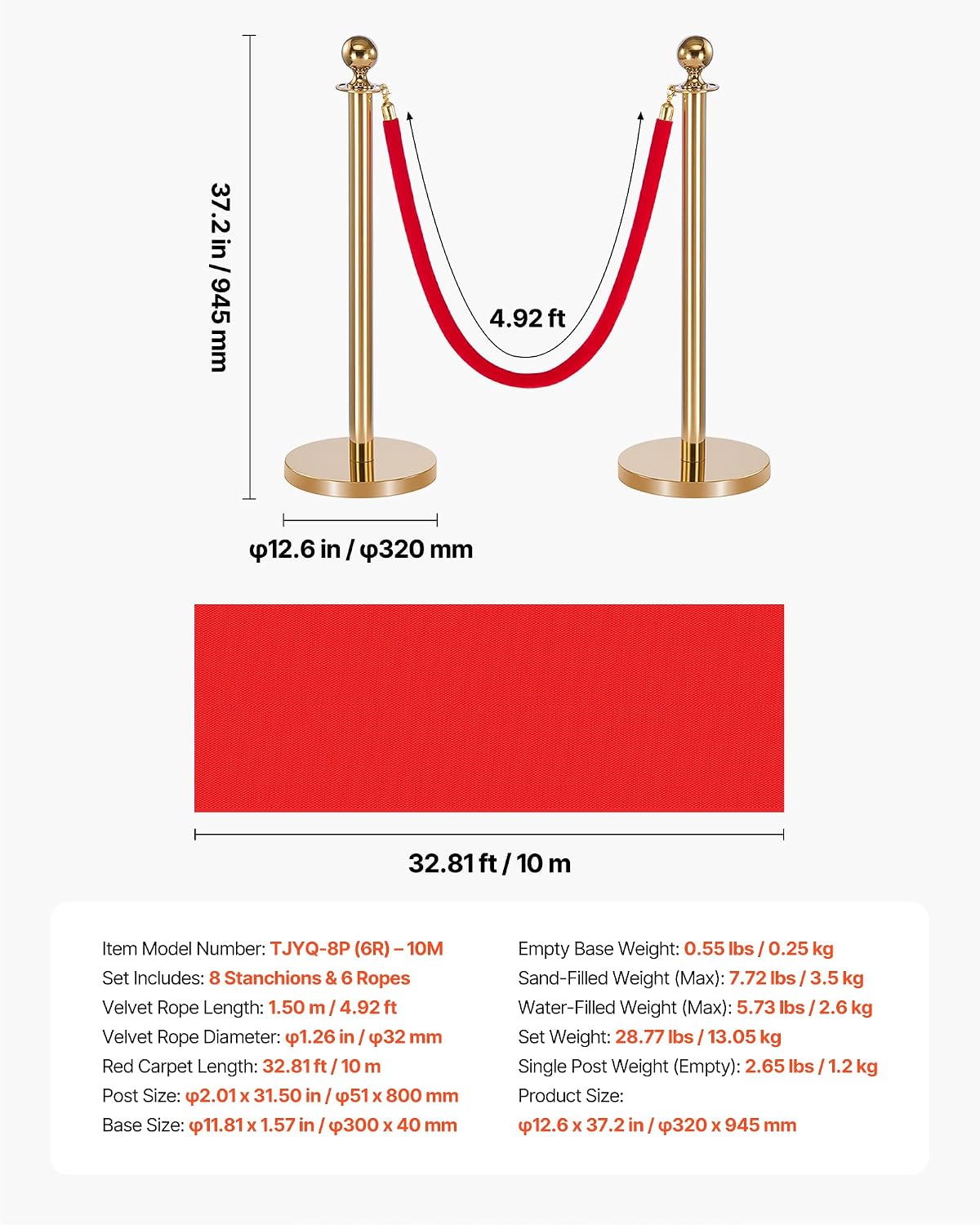 VEVOR Stanchions and Velvet Ropes 8Pcs, Hollow Base with Stainless Steel Post & 32.81ft Carpet, 6 Red Velvet Ropes, Crowd Control Barriers Gold Stanchions, Red Carpet Runner Poles for Party Supplies
