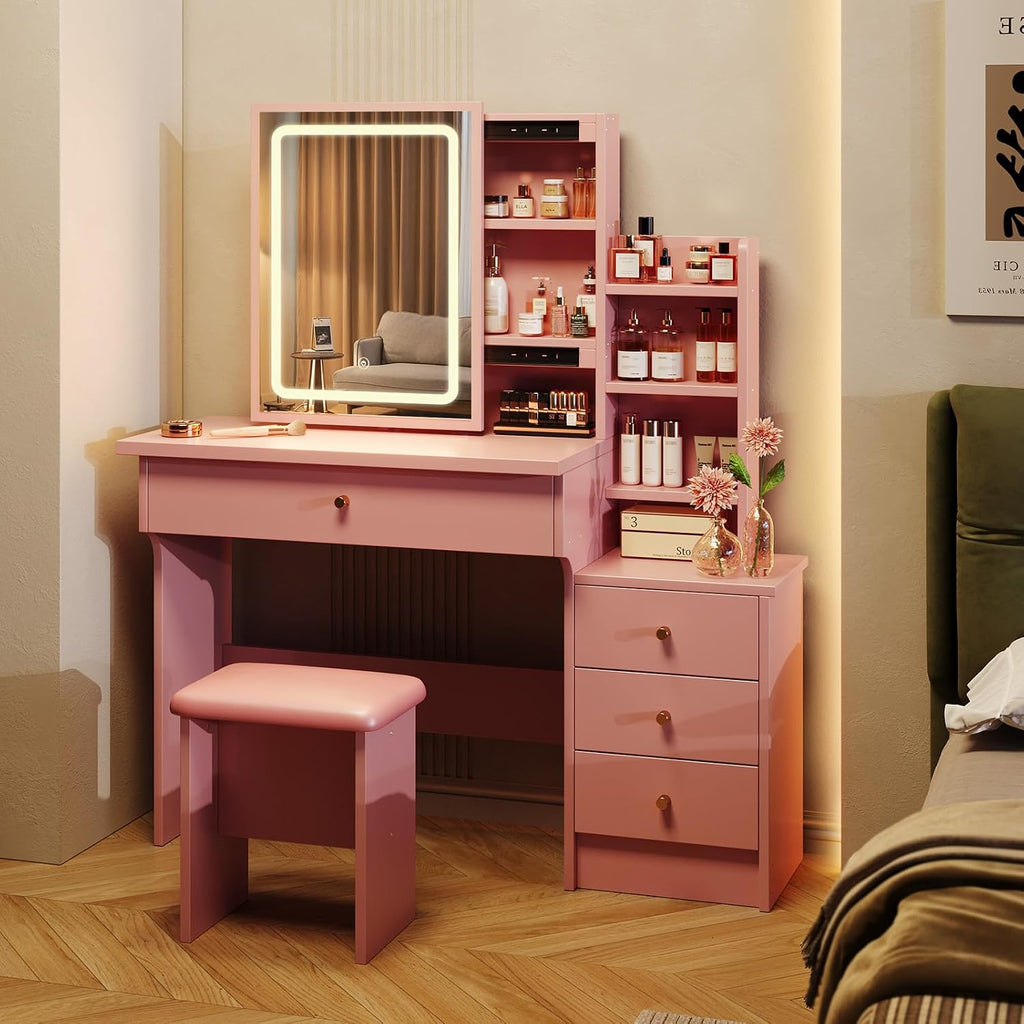 Memobarco Vanity Desk with Mirror and Lights, Makeup Vanity with 3 Adjustable Lighting Modes, Small Vanity Desk with Sliding Mirror, 4 Drawers, 7 Shelves, Vanity Chair for Bedroom, Pink
