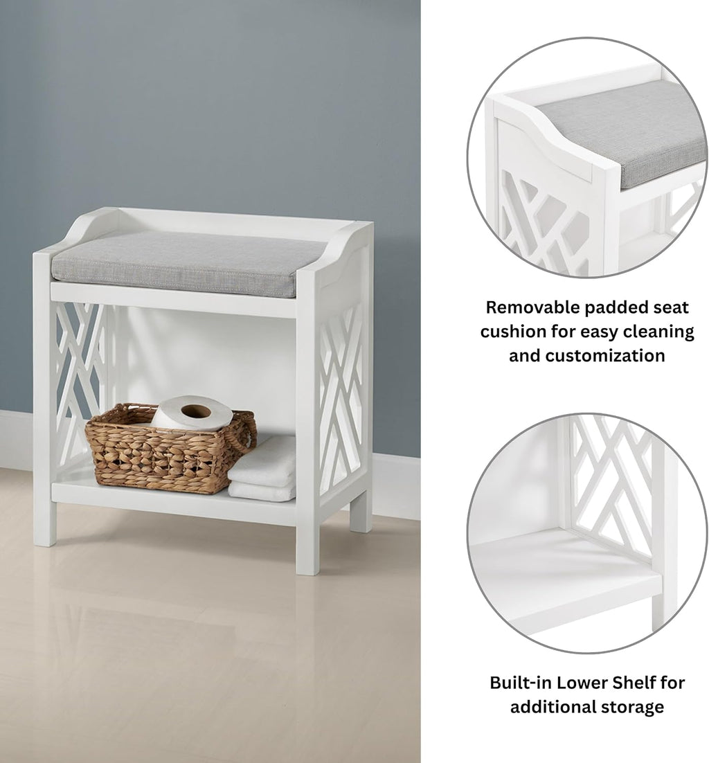 Alaterre Furniture Coventry Bench Stool with Cushion - Pine Wood Bench for Entryway or Bathroom Storage - Use as Shoe Rack, Vanity Chair and More (White)