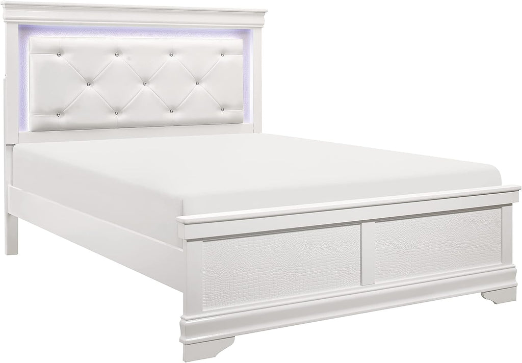 Glam 4 Pieces Set Bedroom Furniture Queen Size Tufted LED Light Bed White Finish Alligator Texture Fronts Wooden Traditional Design
