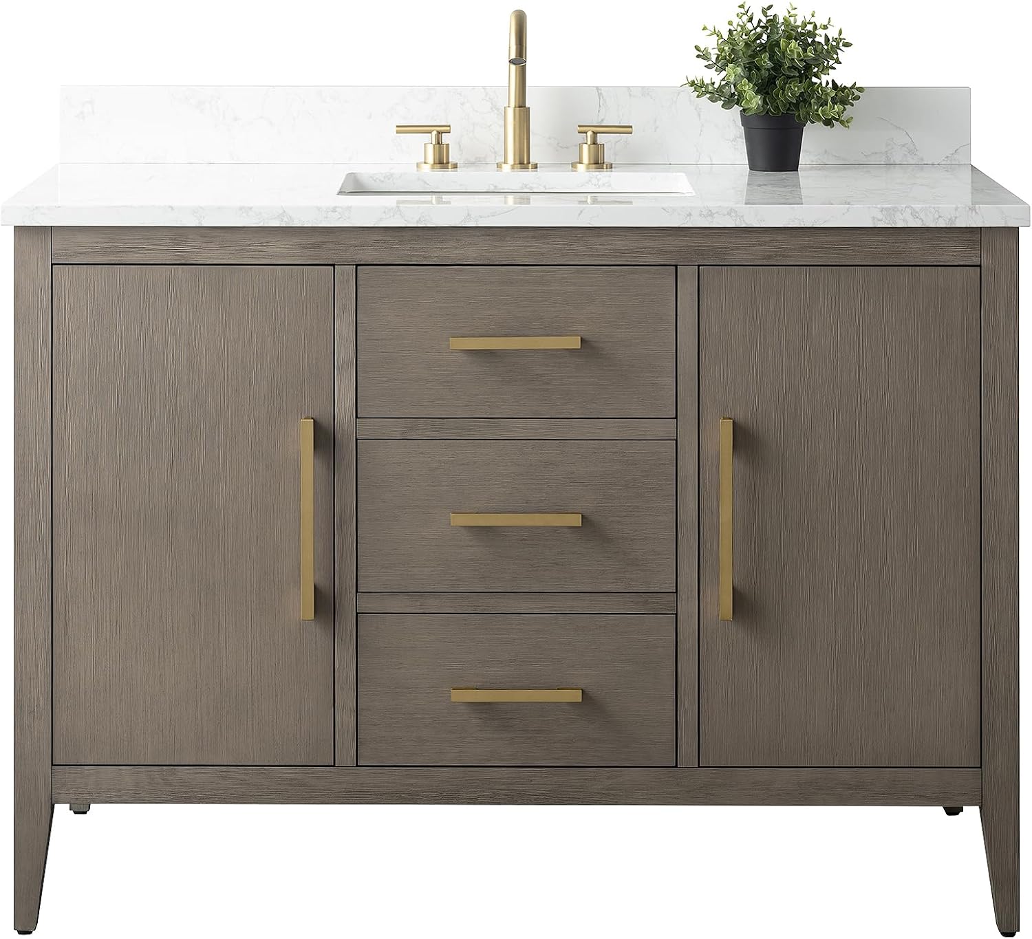 Vanity Art 48 inch Bathroom Vanity with Single Sink & Ceramic Top, Solid Wood, Vanity Cabinet with Soft-Closing Doors, Drawers, Driftwood Gray, Golden Brushed Handware