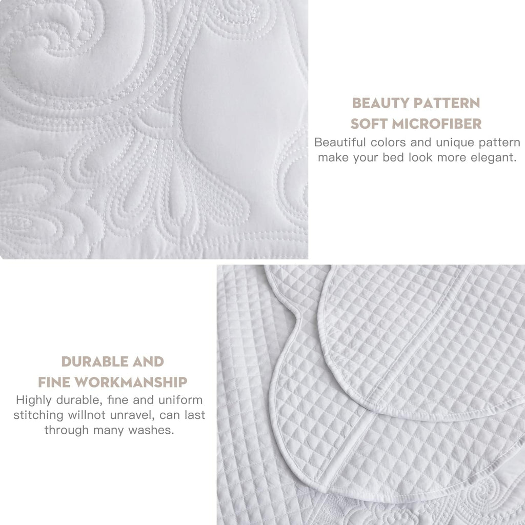 Oversized King Bedspread, Paisley Pattern Design, Lightweight Bedding Cover, Reversible, 5 Piece, 100% Microfiber, Pure White
