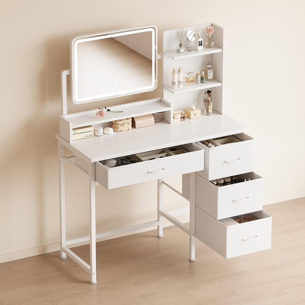 YeTom Vanity Desk with Mirror and Lights, Makeup Vanity Desk with 4 Fabric Drawers & Storage Shelves & Side Table, 3 Color Modes & Adjustable Brightness, White Vanity, Bedroom Furniture