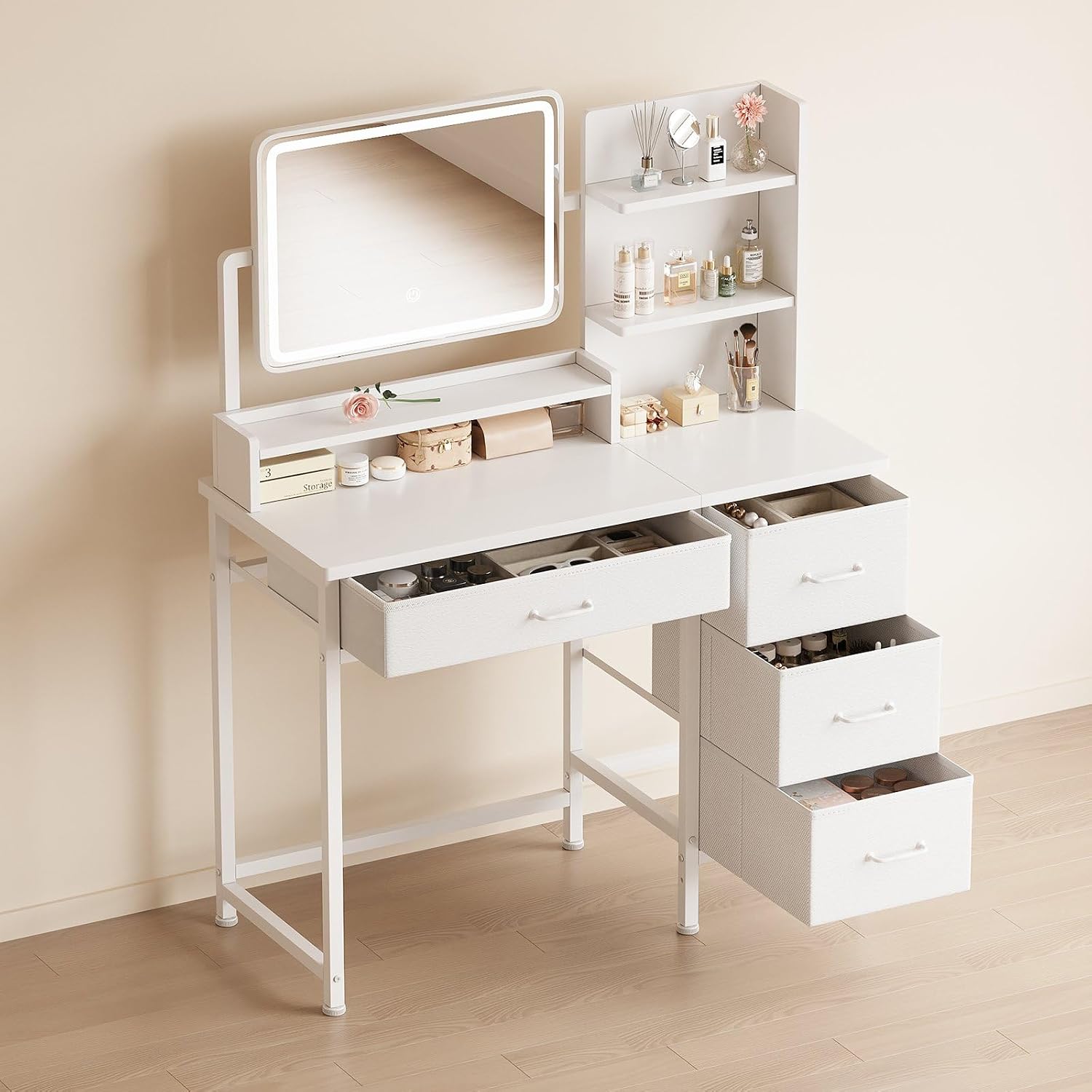 YeTom Vanity Desk with Mirror and Lights, Makeup Vanity Desk with 4 Fabric Drawers & Storage Shelves & Side Table, 3 Color Modes & Adjustable Brightness, White Vanity, Bedroom Furniture