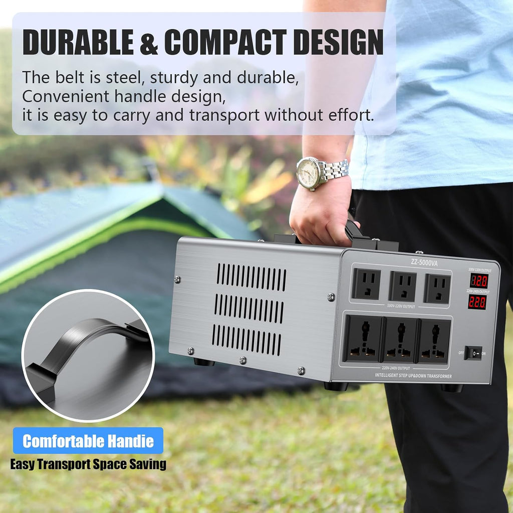 5000W Voltage Converter Transformer Step Up/Down 110V/120V to 220V/240V, Auto Voltage Recognition, Heavy Duty Power Converter with 6 Outlets, LCD Display & Circuit Breaker for Home, International Use