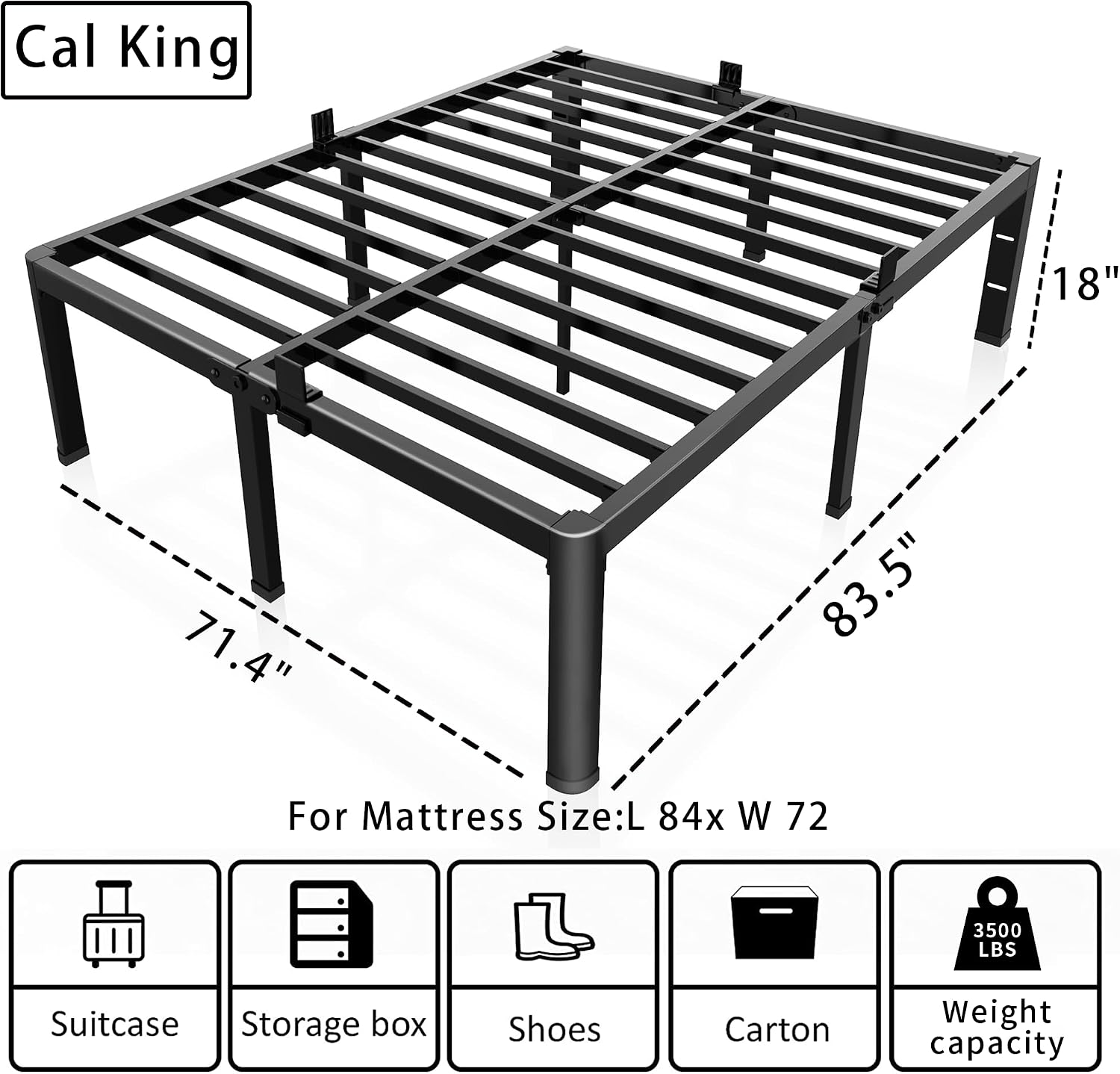ROIL 18 Inch California King Bed Frame with Rounded Corner and Headboard Hole Mattress Retainers 3500LBS Metal Heavy Duty Steel Slats No Box Spring Needed Platform Noise-Free Easy Assembly