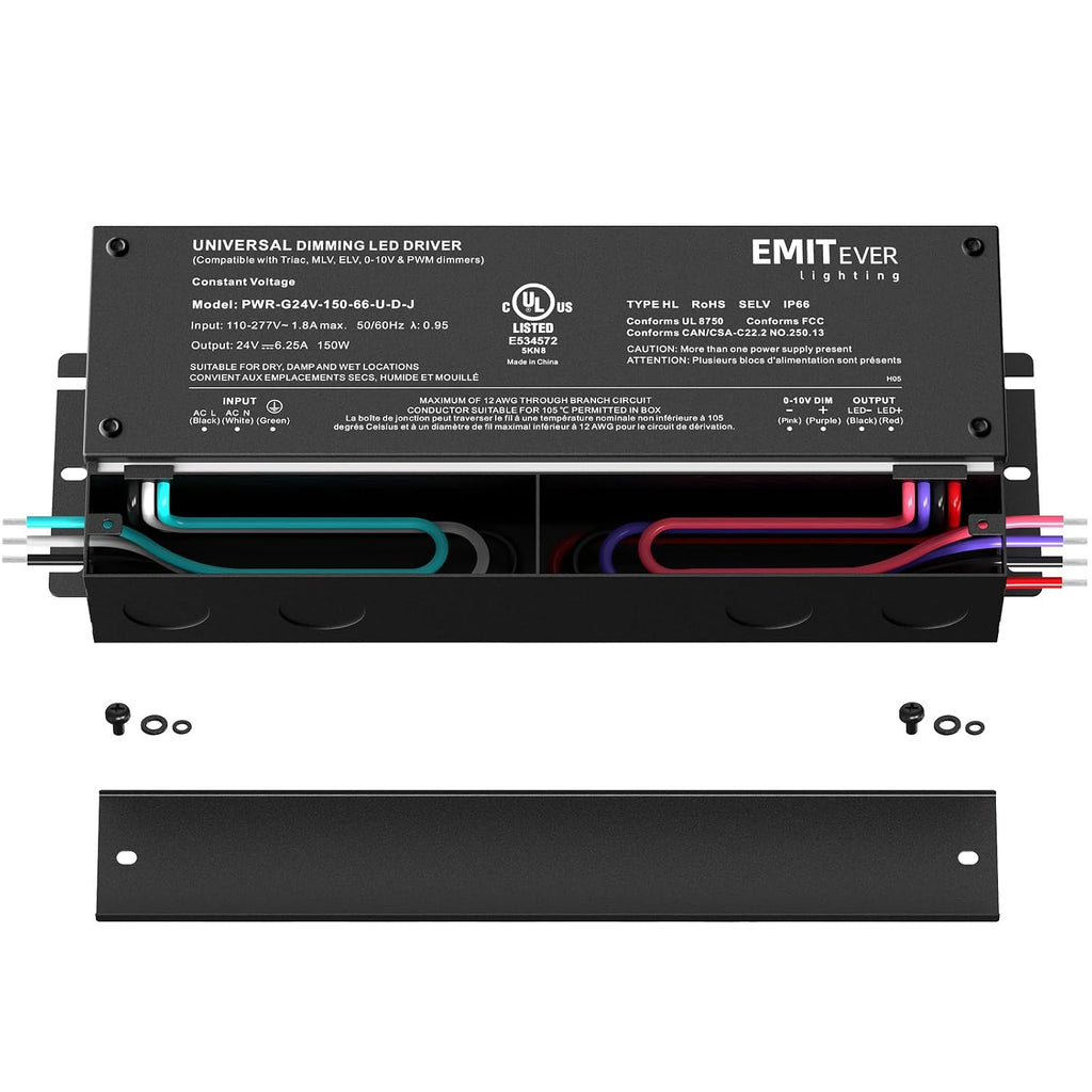 EMITEVER Dimmable Led Driver, 150W AC 110V-277V to DC 24V Transformer, 5-in-1 Dimming: ELV/MLV/TRIAC / 0-10V / 1-10V / 10V PWM/Potentiometer, Waterproof IP67 and UL Listed