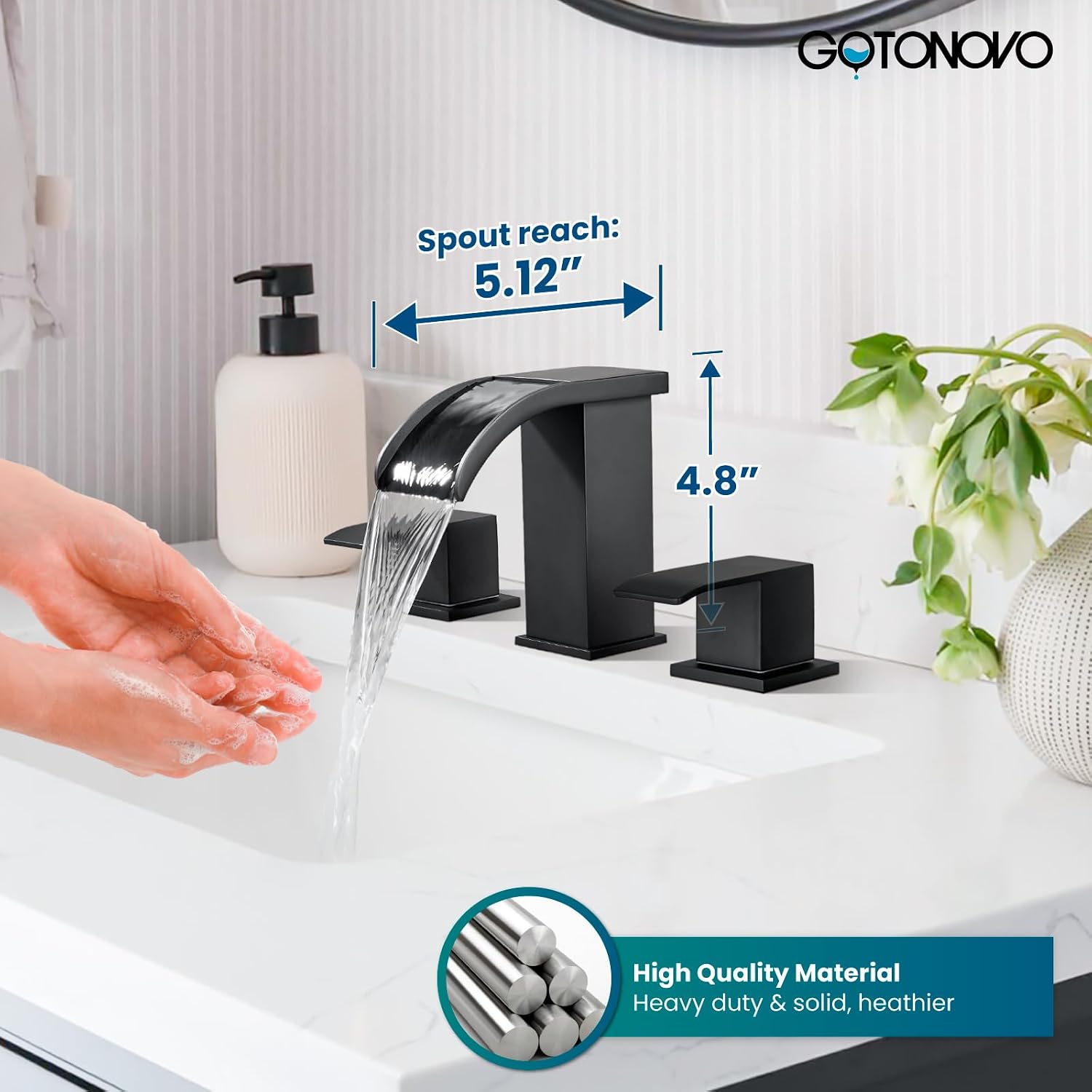 gotonovo Waterfall 8 inch Widespread Bathroom Faucet with gotonovo Shower Faucet Set Complete 6 Settings 6 inch Rainfall Shower Head Kit Matte Black
