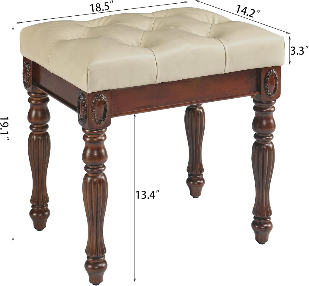 Vanity Bench Stool with Upholstered Seat, Piano Bench with Solid Wood Carving Legs, Home Chairs Button Padded Cushion, Makeup Dressing Bench, No-Tools Assembly, Cherry Walnut Leg & Beige FD1533BG