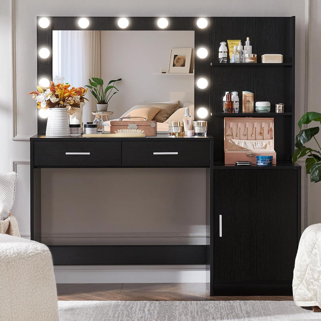 Palimder Vanity Desk with Lamp Bulb Mirror Drawers,Vanity Storage Bench,Makeup Vanities Table for Bedroom