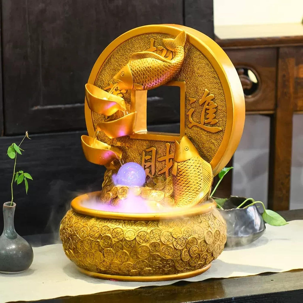 Tabletop Fountain Desktop Fountain Waterfall Decoration with Rotating Decorative Ball Golden Koi Fish Tabletop Fortune and Good Luck Meditation for Office Living Room Craft(Medium)