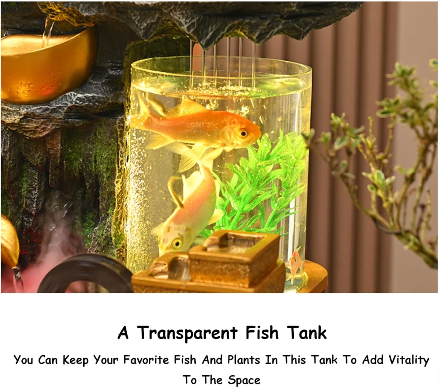 3 Tier Gold Ingot Circulating Fountain Tabletop Rockery Fountain w/LED Light, Fish Tank, LED Light, Fake Plants, Atomizing Humidifier