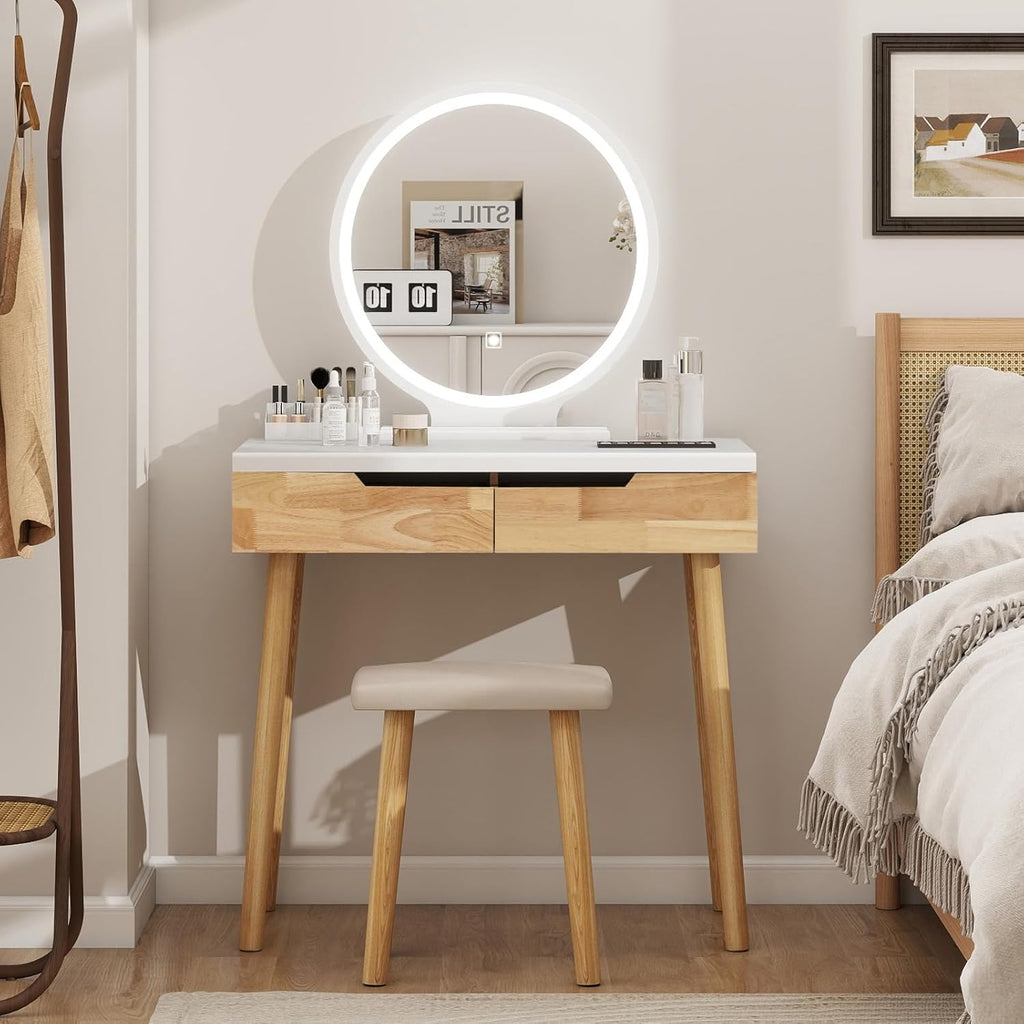YOURLITE Makeup Vanity Desk with Lights,Small Vanity with Adjustable Brightness Mirror for Small Spaces, Dressing Table with Drawers (31.5', Circular Mirror Wood)