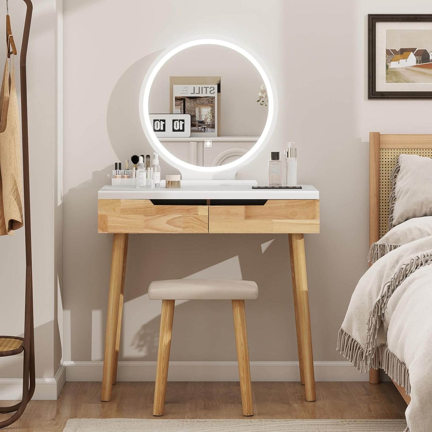 YOURLITE Makeup Vanity Desk with Lights,Small Vanity with Adjustable Brightness Mirror for Small Spaces, Dressing Table with Drawers (31.5', Circular Mirror Wood)