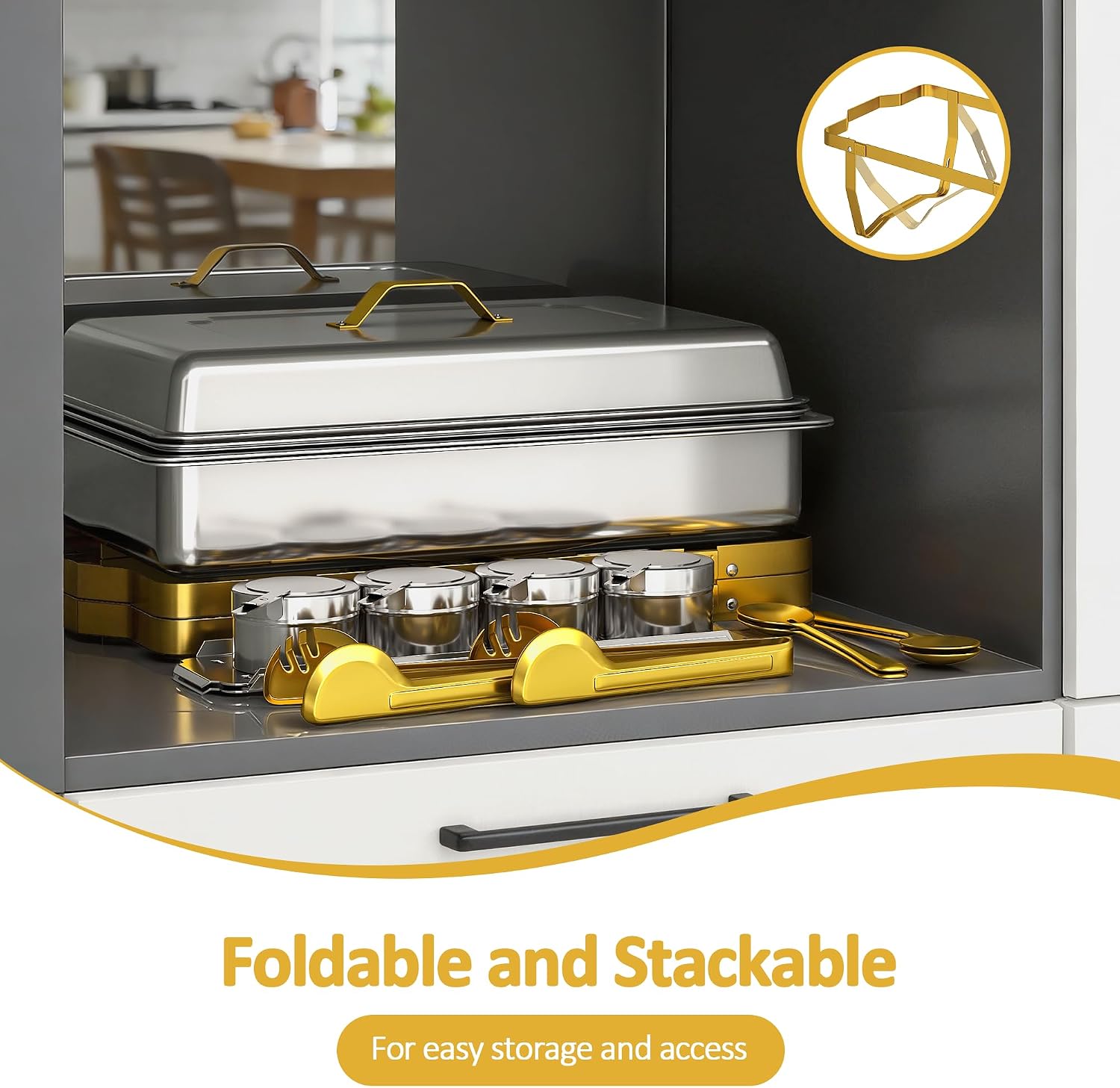 9 QT Chafing Dishes for Buffet Set 2 Pack, Gold Stainless Steel Food Warmers with Serving Utensils Folding Stand, Buffet Servers for Parties, Weddings, Catering, Family Gatherings