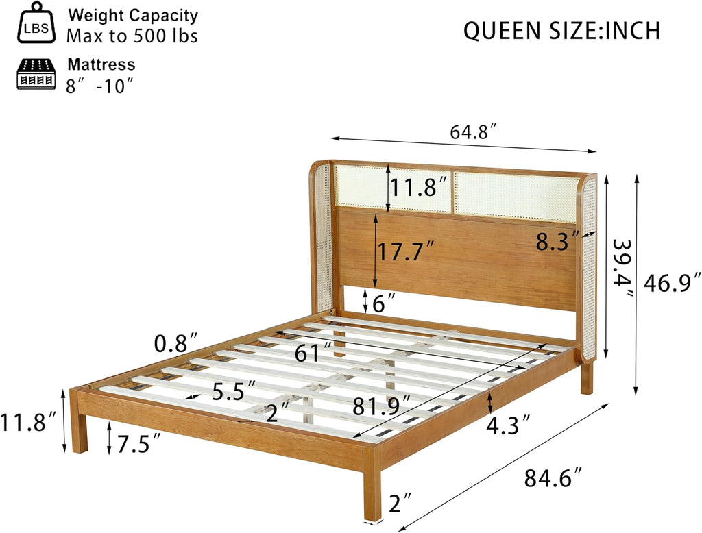 Merax Queen Size Premium Rubber Wood Platform Bed Frame, with Headboard, Mid Century Modern, Natural
