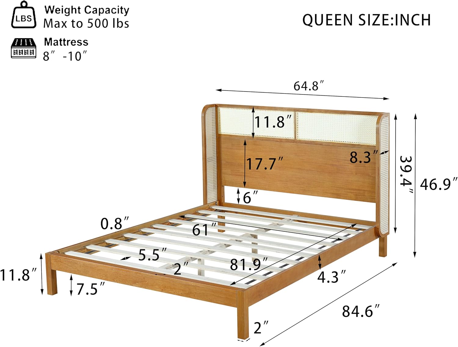 Merax Queen Size Premium Rubber Wood Platform Bed Frame, with Headboard, Mid Century Modern, Natural