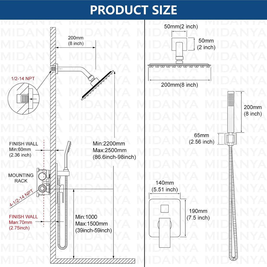Midanya Brushed Nickel Morden Widespread Bathroom Faucet 3 Holes 2 Handles 8 Inch Vanity Faucet with 8 Inch Brushed Nickel Wall Mount Rain Shower System Square Shower Faucet Set