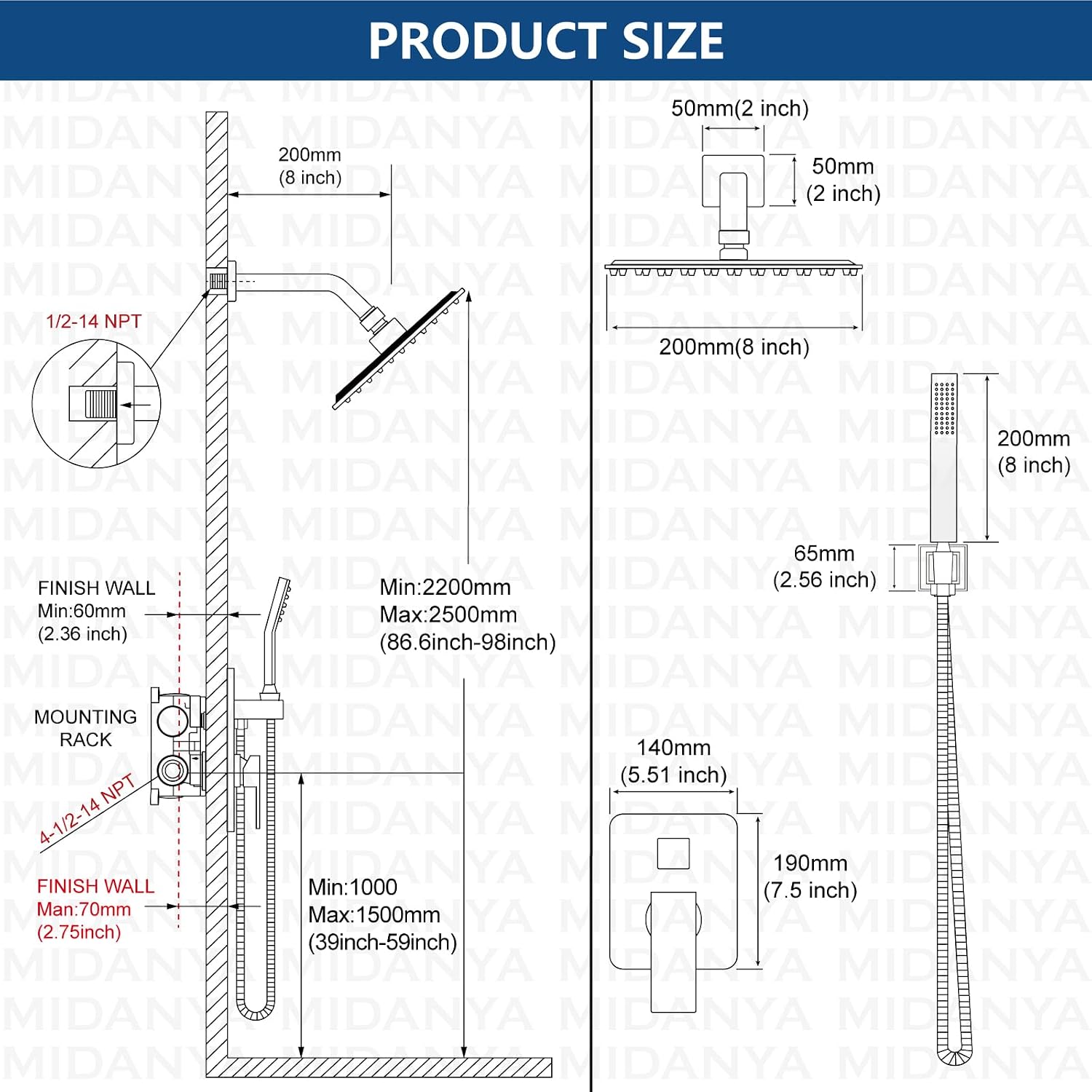 Midanya Brushed Nickel Morden Widespread Bathroom Faucet 3 Holes 2 Handles 8 Inch Vanity Faucet with 8 Inch Brushed Nickel Wall Mount Rain Shower System Square Shower Faucet Set