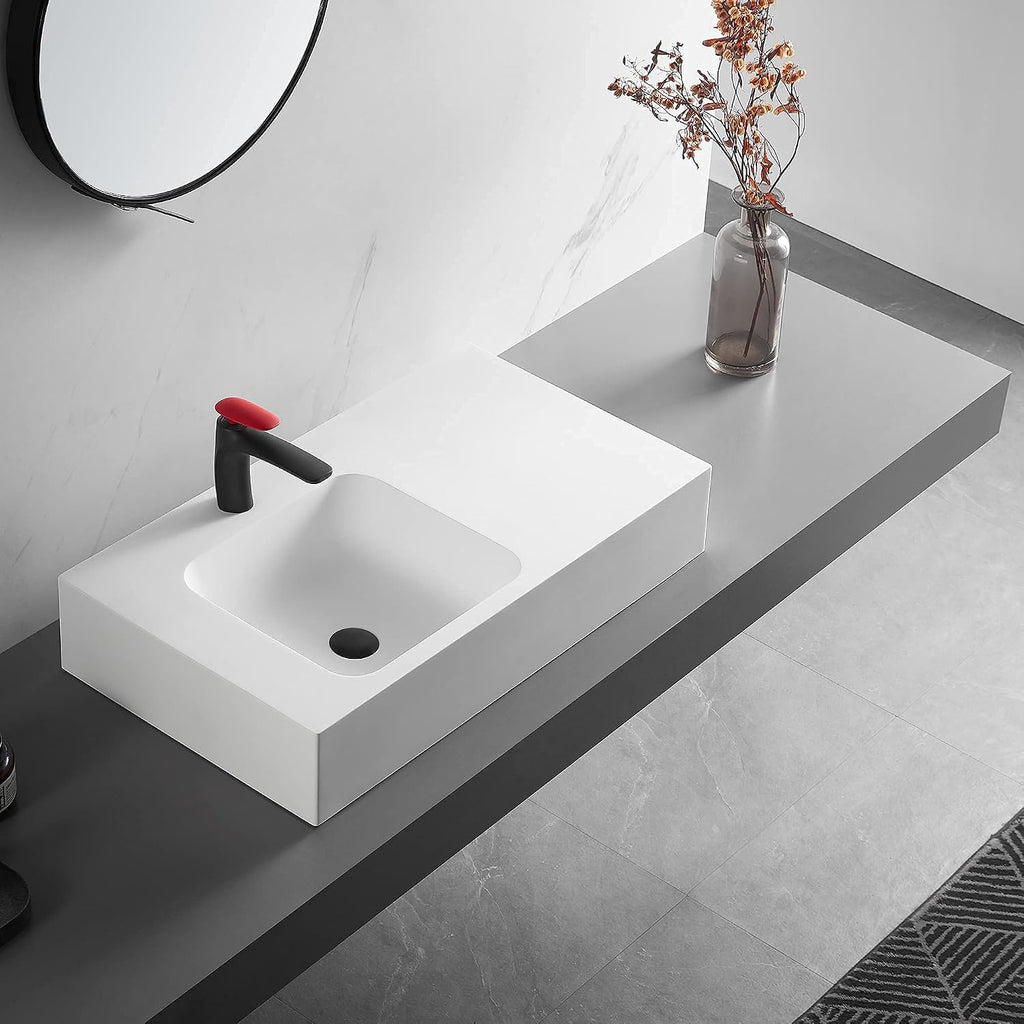 Serene Valley Bathroom Sink, Wall-Mount or On Countertop, 32' with Square Sink and Flat Space, Single Faucet Hole, Solid Surface Material