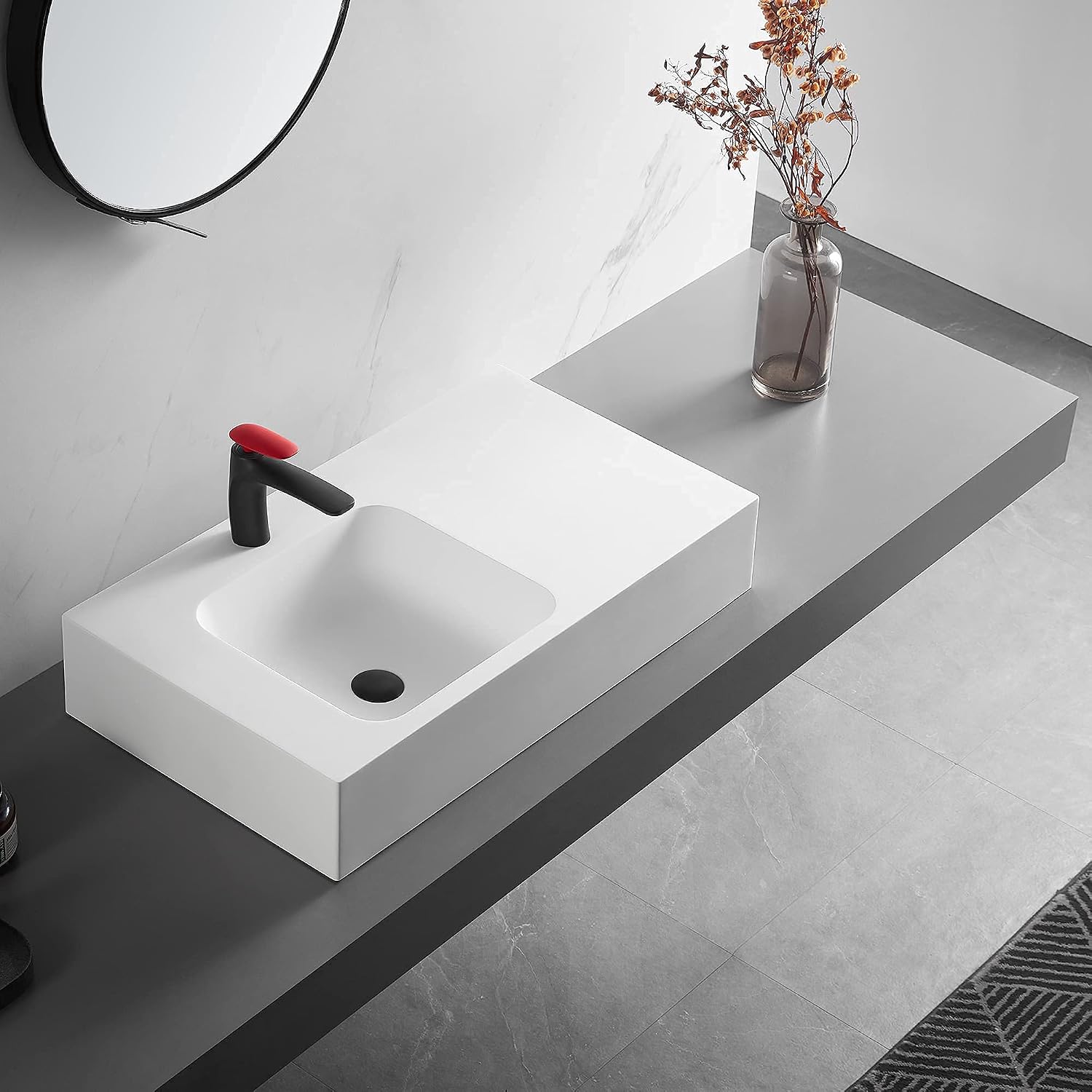 Serene Valley Bathroom Sink, Wall-Mount or On Countertop, 32' with Square Sink and Flat Space, Single Faucet Hole, Solid Surface Material