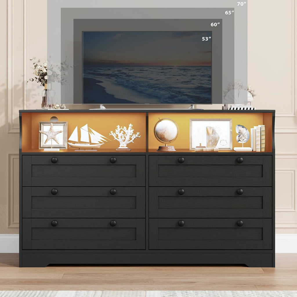 GarveeLife Black Dresser for Bedroom with 6 Drawers, Large Wooden Bedroom Dressers with Power Outlet and Led Lights, 55 in Wide TV Dresser, Wood Modern 6 Drawers Dressers & Chests of Drawers for Room