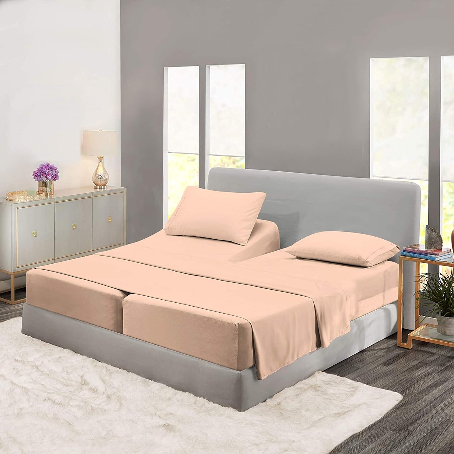 Cotton Home- 5 Pieces Split King Size Blush Color Sheet Set – Soft Quality Luxury 18 Inch Deep Pocket & Bedding Set with Flat Sheet, Fitted Sheet, 2-Pillow Covers(20' x 30') Inches