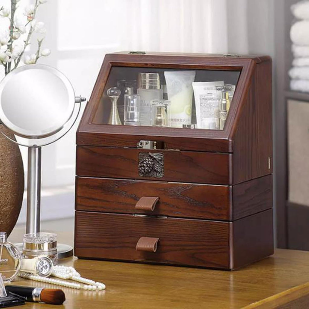 Makeup Storage Box Large Capacity Wood Makeup Organizer Box with Flip Lid and Drawers, Bathroom Organizer Countertop, Vanity Tray Corner Shelf for Makeup Cosmetic Perfume Skincare Bathroom Supplies Va