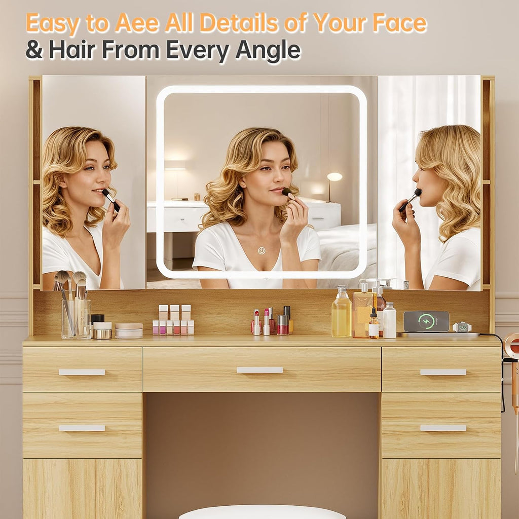 Airynee Vanity Desk with Mirror and Light, 9 Drawers Makeup Vanity Tables with Power Outlet, Tri-Folding & 3 Colors Adjustable LED Lighted Mirror, Vanities Desk Set for Bedroom, Dressing Room, Oak