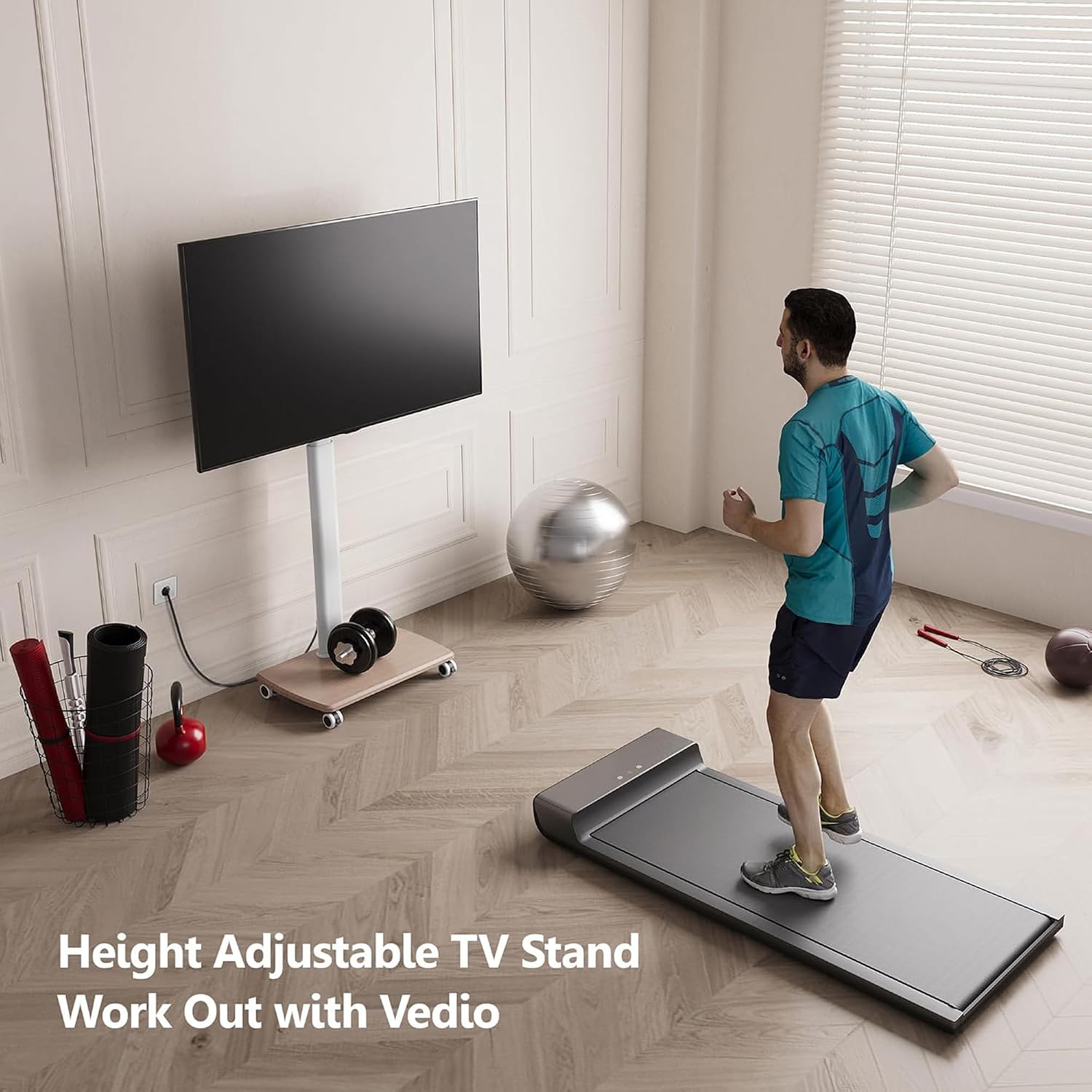 FITUEYES Rolling TV Stand with Power Outlets, Swivel Portable TV Stand for 32-70 Inch LCD LED OLED Flat/Curved Panel Screen TVs, Height Adjustable&Wood Base, Mobile TV Cart Holds up to 88Lbs