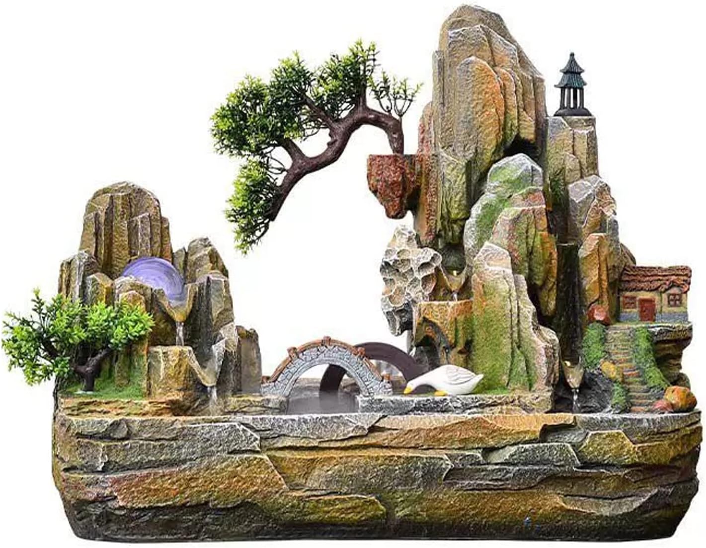 Desktop Fountain Indoor Fountain Tabletop Waterfall Rockery Fake Trees Relaxation Water Feature for Home and Office Spaces Decor(Large)