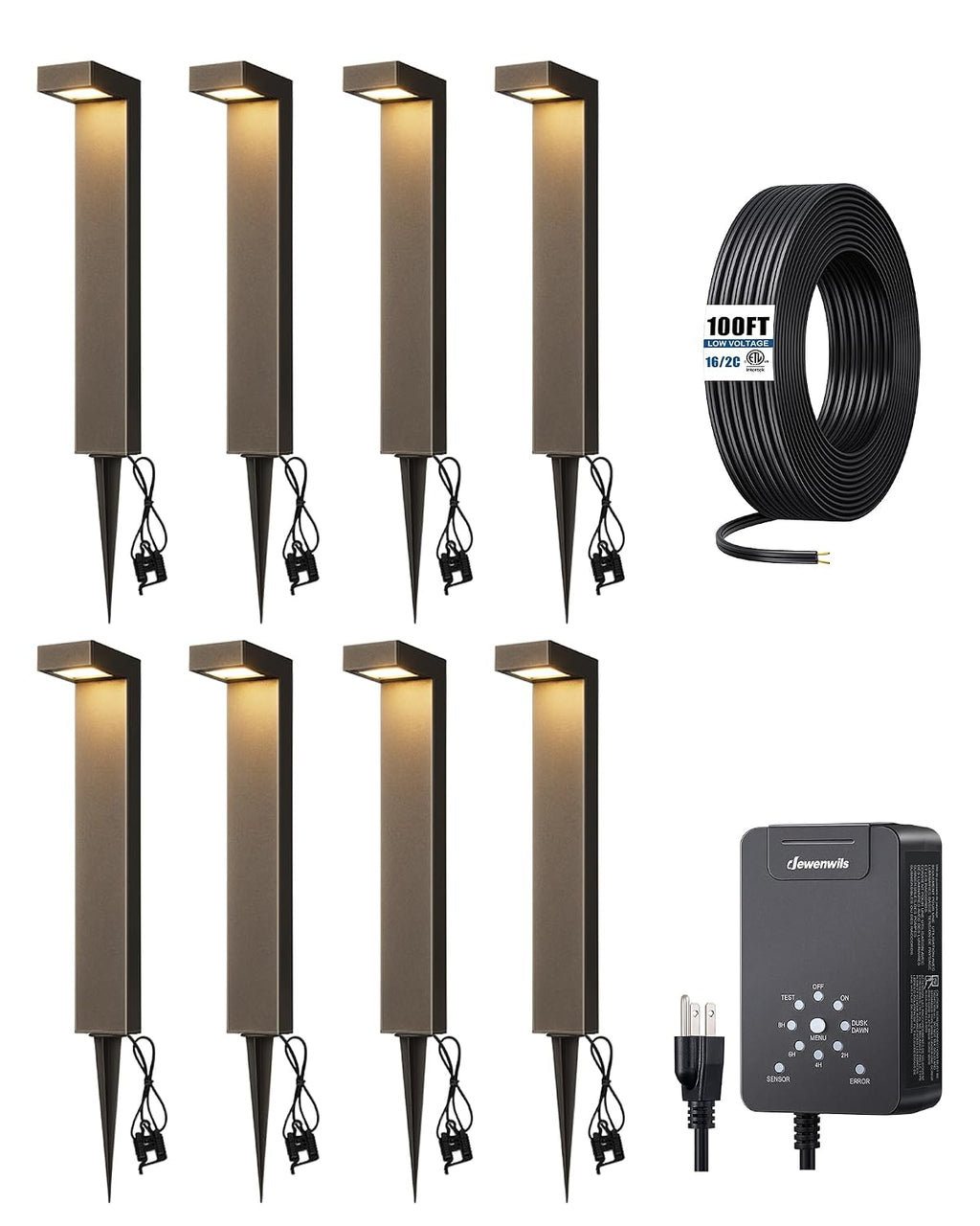 DEWENWILS 12V Landscape Lighting kit, 1x120W Transformer with Dusk to Dawn Photocell Sensor+8x3.2W Aluminum Low Voltage Pathway Lights, 100FT Wire+8 Pack Connector for Patio Yard Garden
