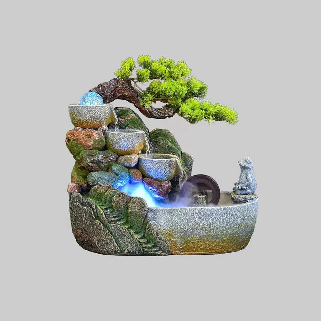 Tabletop Fountain Indoor Desktop Fountain Waterfall Zen Meditation Feature with Automatic Pump Artificial Trees and Illuminated for Home Office Bedroom Desk Décoration(Small)