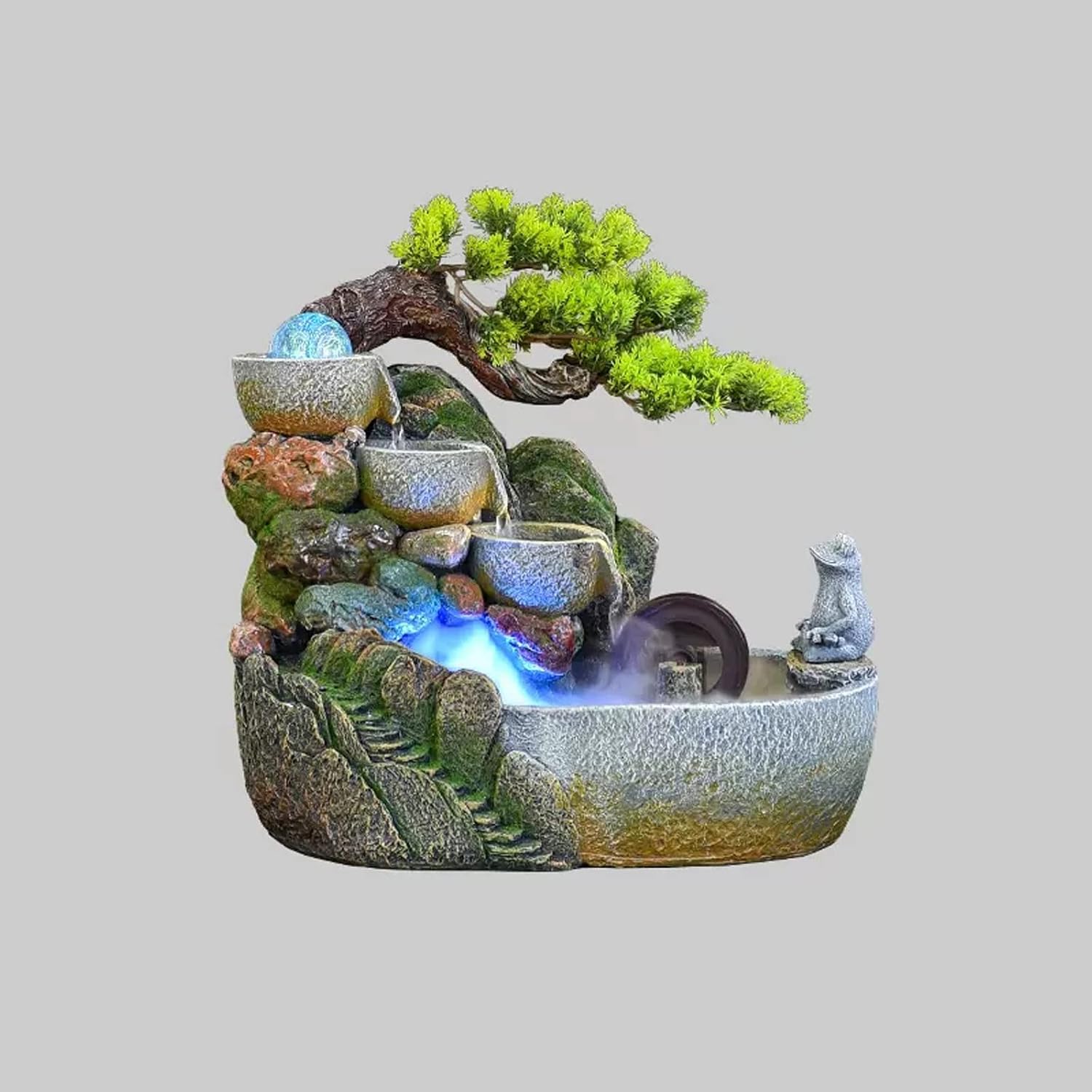 Tabletop Fountain Indoor Desktop Fountain Waterfall Zen Meditation Feature with Automatic Pump Artificial Trees and Illuminated for Home Office Bedroom Desk Décoration(Small)