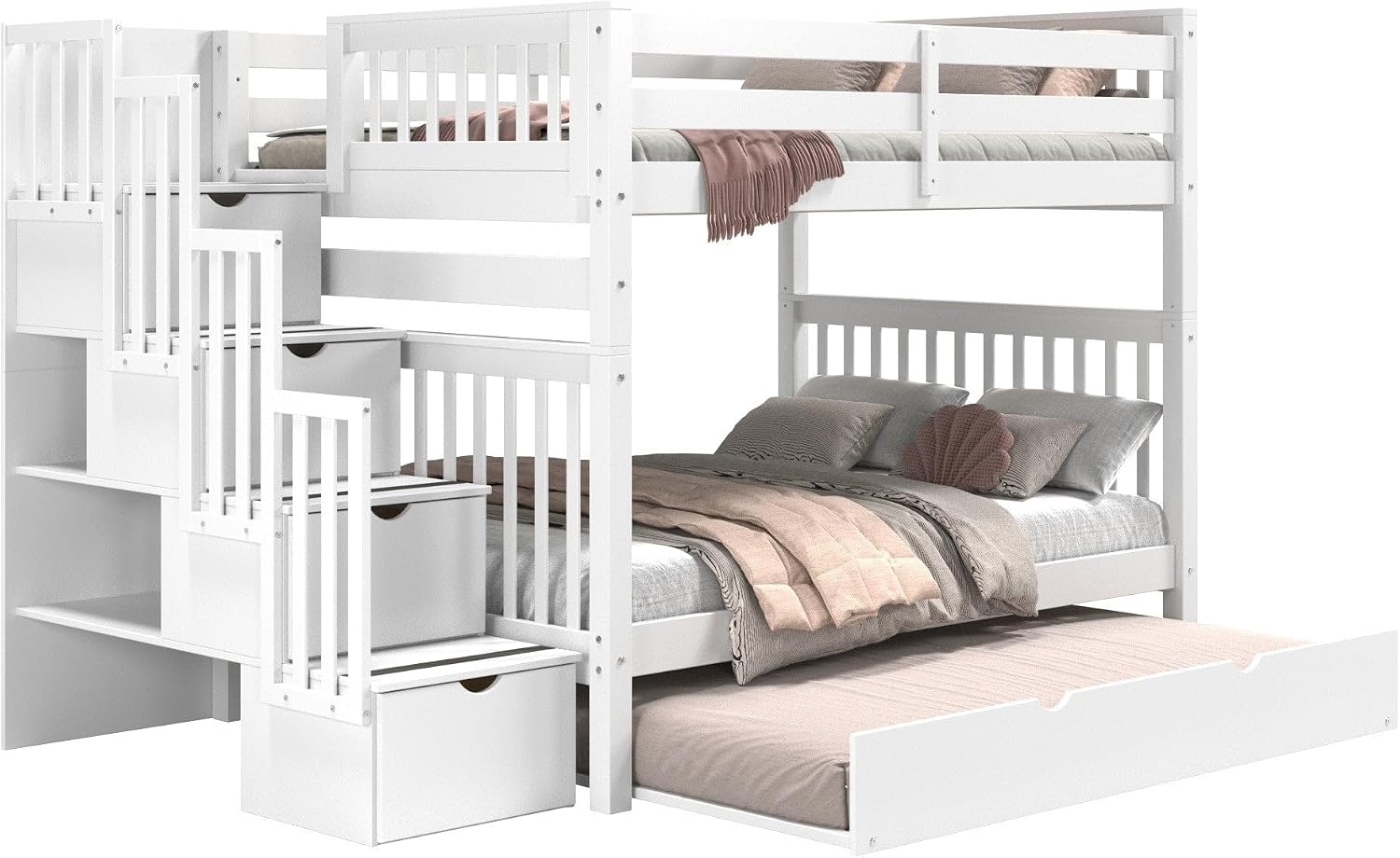 Bedz King Stairway Bunk Beds Full Over Full, 4 Step Drawers, Full Trundle, White