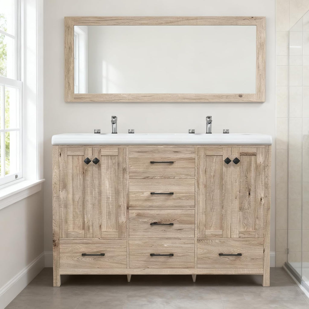 Bathroom Vanity with Sink Combo, 48' Modern Bathroom Storage Cabinet with Double Sink Ceramic, 4 Doors and 5 Drawers, Space-Saving Storage Cabinet, Light Gray Wood