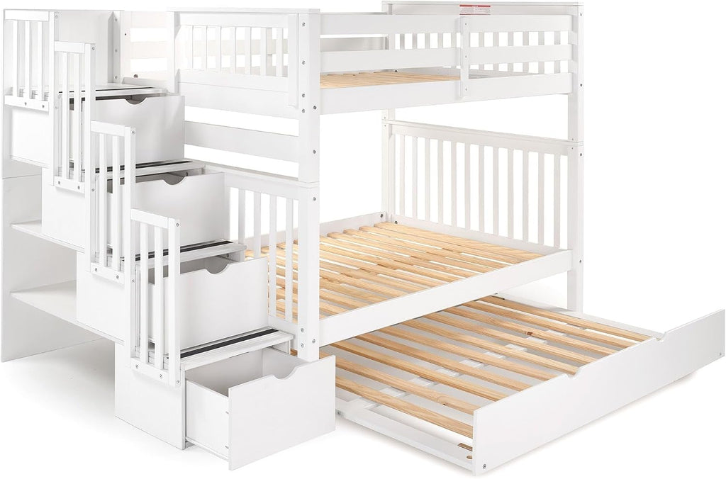 Bedz King Stairway Bunk Beds Full Over Full, 4 Step Drawers, Full Trundle, White