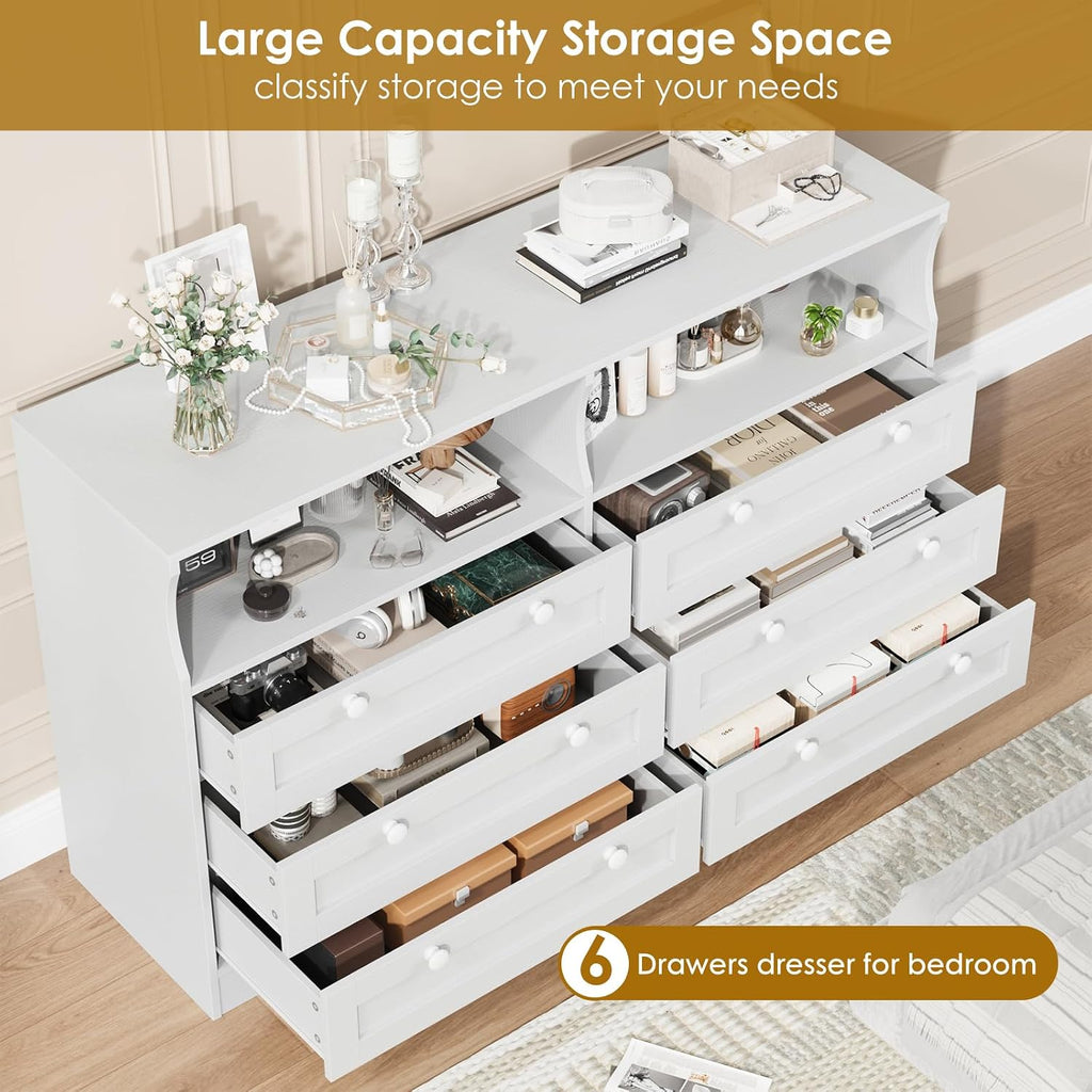 GarveeLife White Dresser for Bedroom with 6 Drawers, Large Wooden Bedroom Dressers with Power Outlet and Led Lights, 55 in Wide TV Dresser, Wood Modern 6 Drawers Dressers & Chests of Drawers for Room