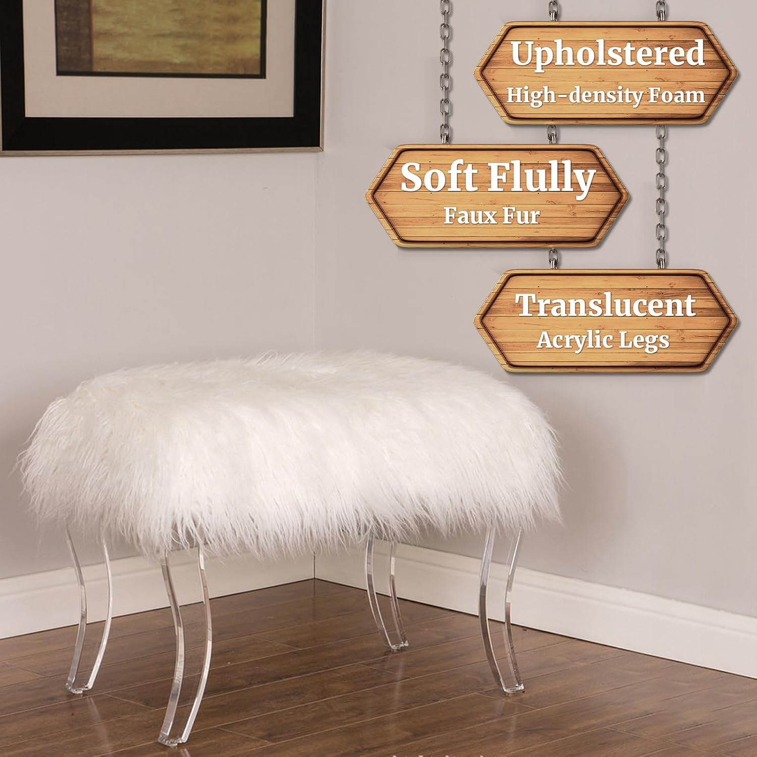 Glitzhome Ottoman Bench, White Faux Fur Ottoman Foot Rest, 24' L Modern Vanity Stool Chair with Acrylic Legs for Living Room Bedroom Entryway Makeup Bench End of Bed